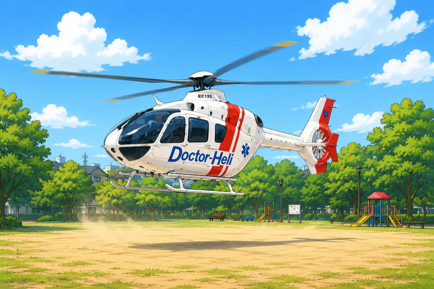 公園のグラウンドに着陸するドクターヘリのイラスト