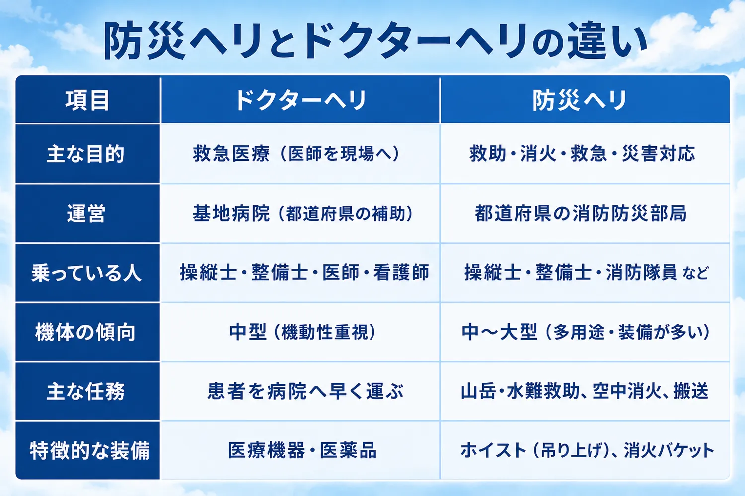 ドクターヘリと防災ヘリの比較表。目的・運営・乗っている人・機体・任務・装備の違い
