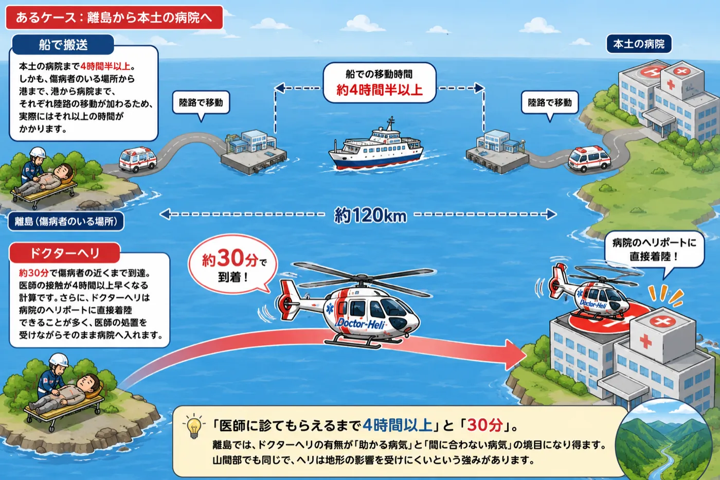 離島から本土の病院への搬送比較。船では約4時間半以上かかるのに対し、ドクターヘリは約30分で到達し病院ヘリポートに直接着陸できる