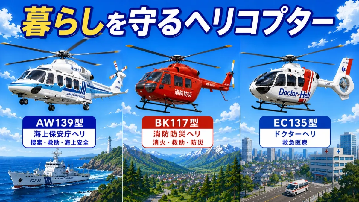 暮らしを守るヘリコプター。ドクターヘリ（救急医療）、消防防災ヘリ（消火・救助・防災）、海上保安庁ヘリ（捜索・救助・海上安全）の3機